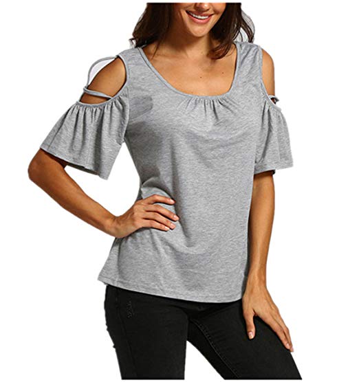 Londony New Arrival Tops, Women's Summer Cold Shoulder Ruffle Sleeve