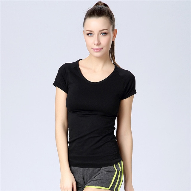 Women Gym Fitness Sports Women O Neck T shirts Stretch Tops-in