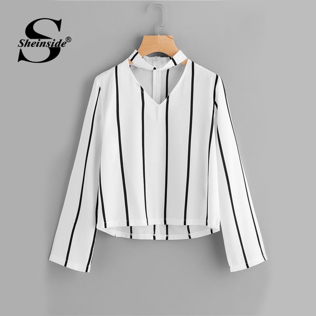 Sheinside Striped Blouse Women Shirts Blouses Crop Top Long Sleeve