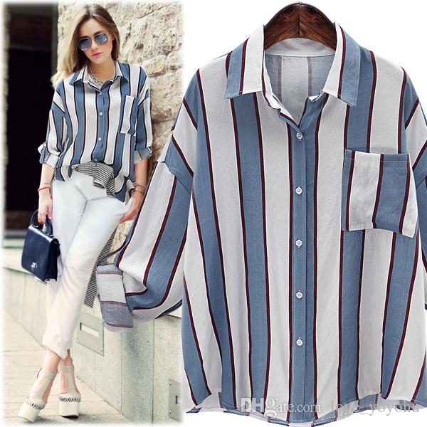 2019 2017 Fashion Women White And Blue Striped Blouses Summer Girls