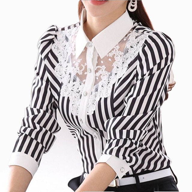 2017 Long Sleeve Lace Tops Striped Blouse Women Spring Autumn Turn