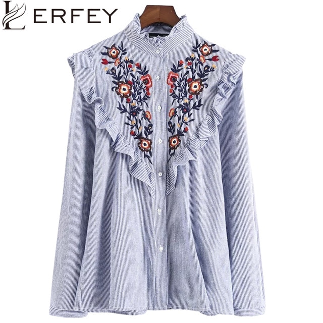 LERFEY Women Embroidery Floral Blouse Shirt Ruffles Office Ladies