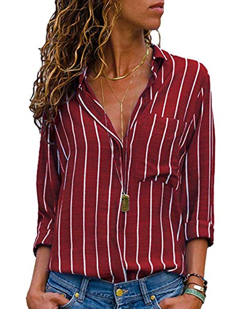 GARYOB Womens Striped Blouses V Neck Long Sleeve Casual Tunic Tops