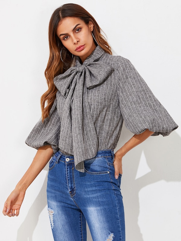 Exaggerated Lantern Sleeve Tied Neck Striped Blouse | SHEIN