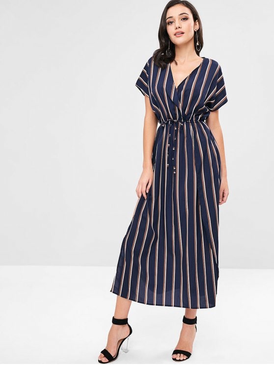 67% OFF] 2019 ZAFUL Maxi Surplice High Slit Striped Dress In DEEP