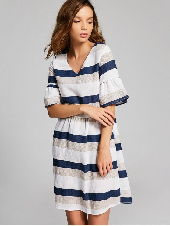 28% OFF] 2019 Flare Sleeve Cut Out Striped Dress In MULTI M | ZAFUL