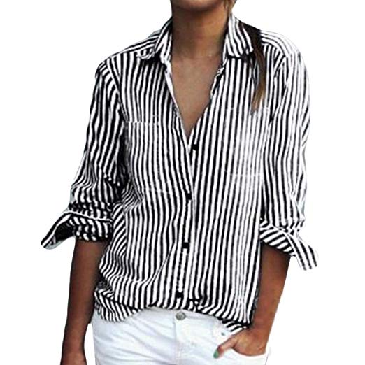 Mikey Store Women Summer Long Sleeve Striped Shirts Casual Button
