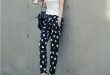 Women's Chiffon Summer Pants Trousers with White Squares Print