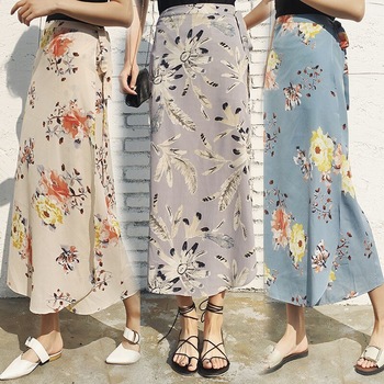 Casual Long Skirt Summer 2018 Ladies Chiffon Irregular Floral Beach