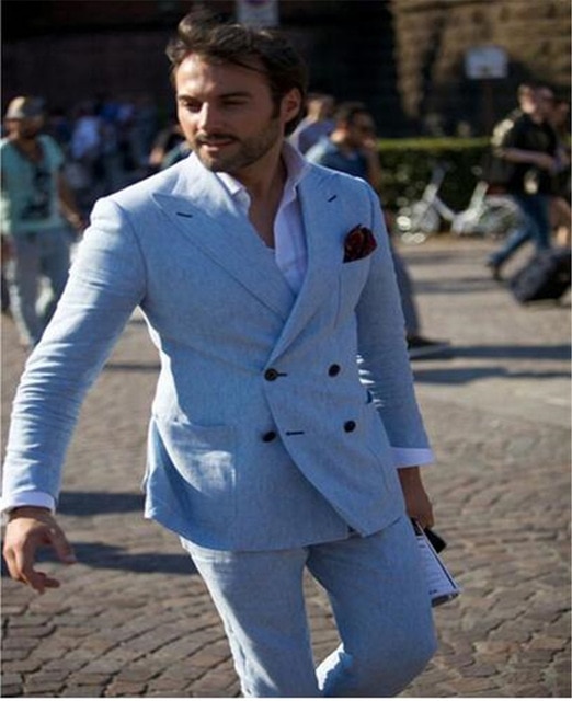 Linen Groom Tuxedos Custom Made Man Suit Double Breasted Summer