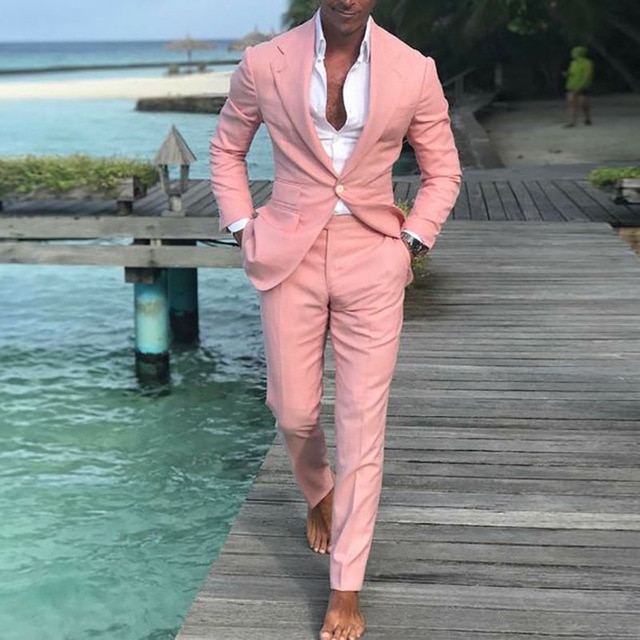 2018 beach men suit casual pink groom wearing summer suits for