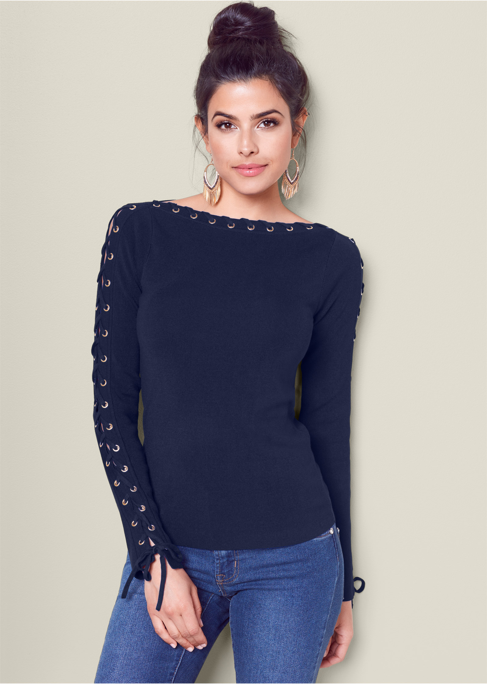 VENUS | LACE UP BOAT NECK SWEATER in Navy