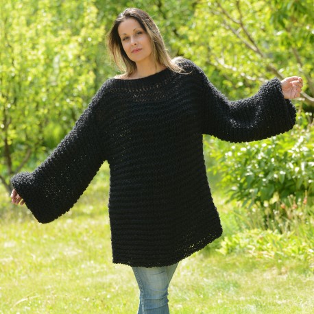 Sexy Black hand knit wool boatneck summer sweater by Extravagantza