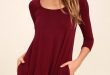 Cute Wine Red Dress - Swing Dress - Long Sleeve Dress