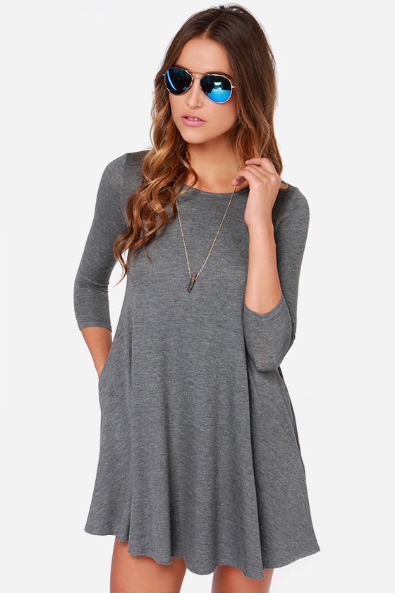 Chic Grey Dress - Swing Dress - Three Quarter Sleeve Dress - $44.00