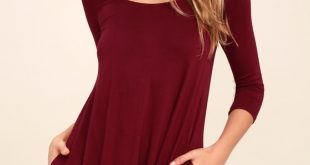 Cute Wine Red Dress - Swing Dress - Long Sleeve Dress