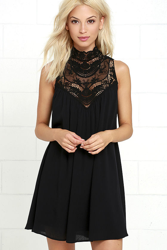 Black Dress - LBD - Lace Dress - Swing Dress - $48.00