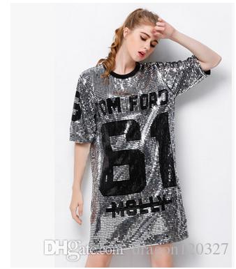 Fashion Hip Hop Bling Sequined T Shirt Dress Women 61 Letter Printed