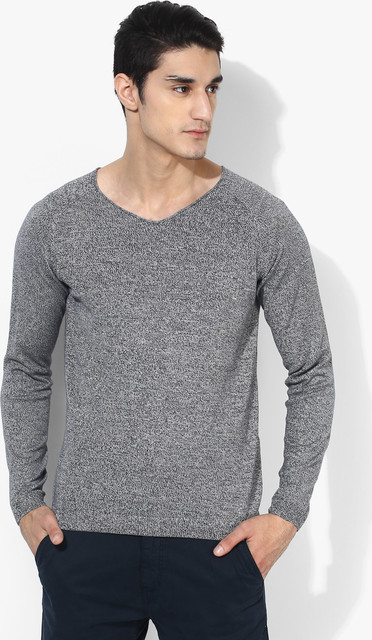 Tom Tailor Grey Solid Regular Fit V Neck Sweaters price in India