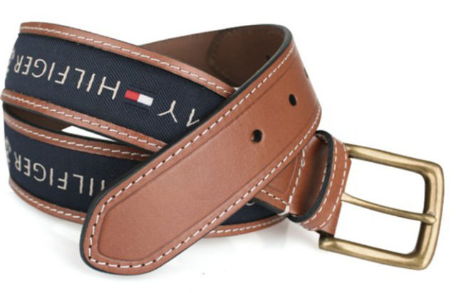 Tommy Hilfiger Men's Ribbon Strap Inlay Anchor Logo Leather Belt