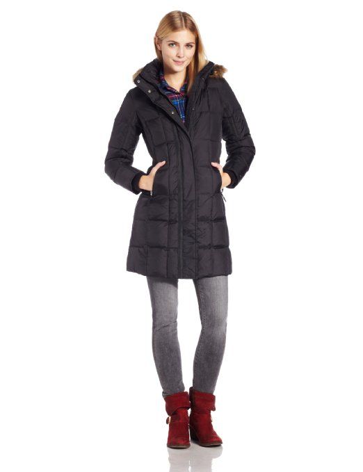 Tommy Hilfiger Women's Long Hooded Down Coat with Gros Grain Trim