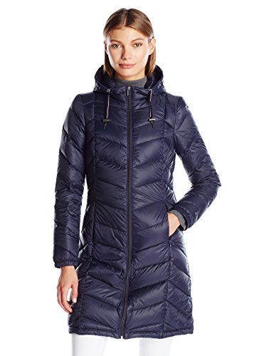 Tommy Hilfiger Women's Long Hooded Packable Down Coat with Contrast