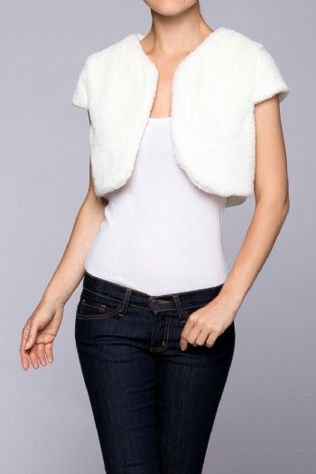 Faux Fur Short Sleeve Crop Top Bolero Shrug Open Front Cardigan | A