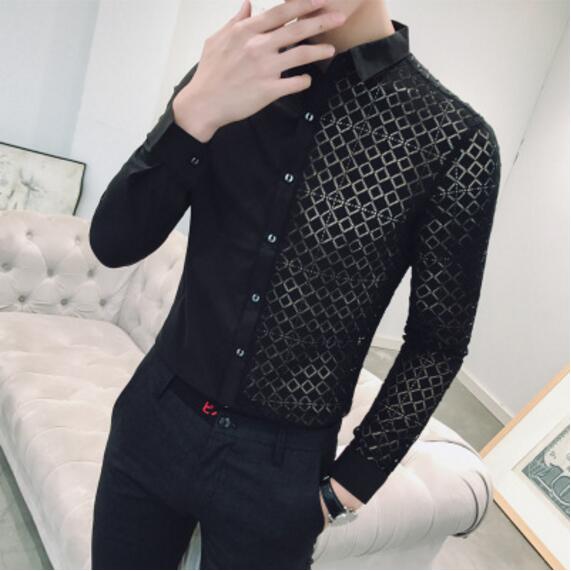 Men 2018 New Black White Transparent Shirt White Lace Patch Shirt