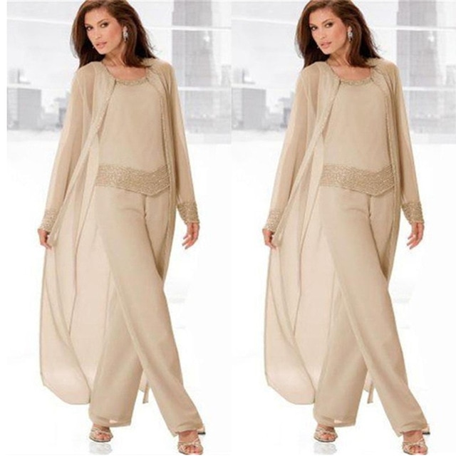 Champagne Mother of the Bride Dresses Pants Suit With Long Jacket