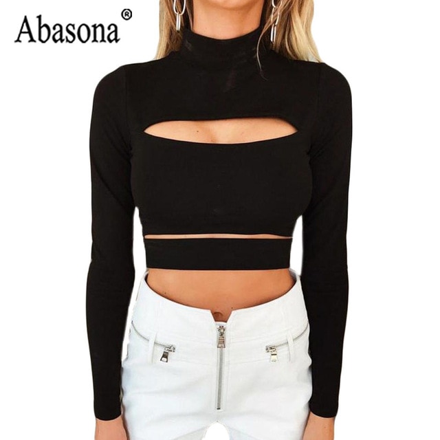 Abasona Black Women Long Sleeve Turtleneck Shirt Woman Hollow Out