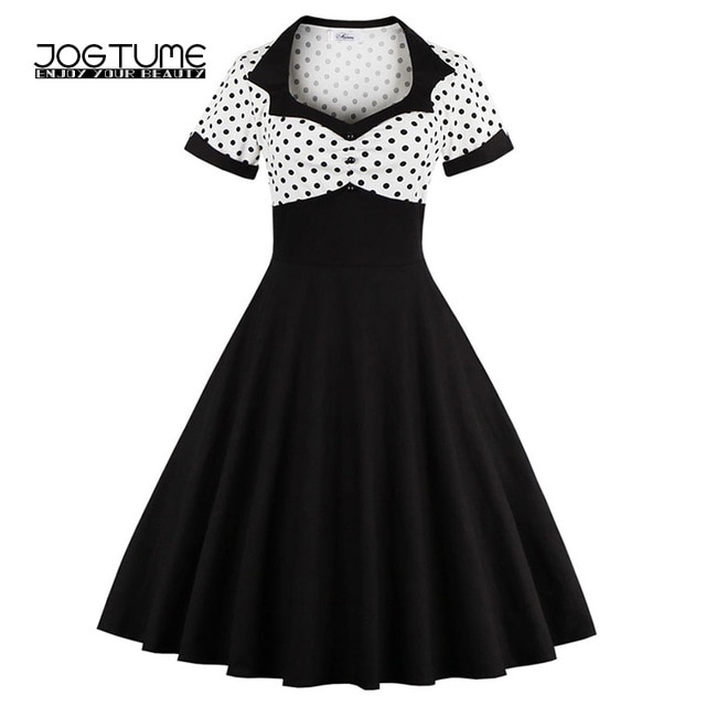 JOGTUME Classic Vintage Dresses Style Short Sleeve Polka Dot White
