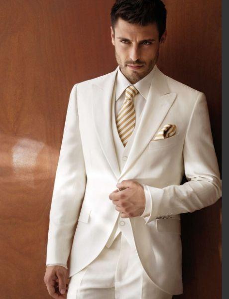 Custom Ivory Wedding Suits For Men Tuxedos Peaked Lapel Groomsmen
