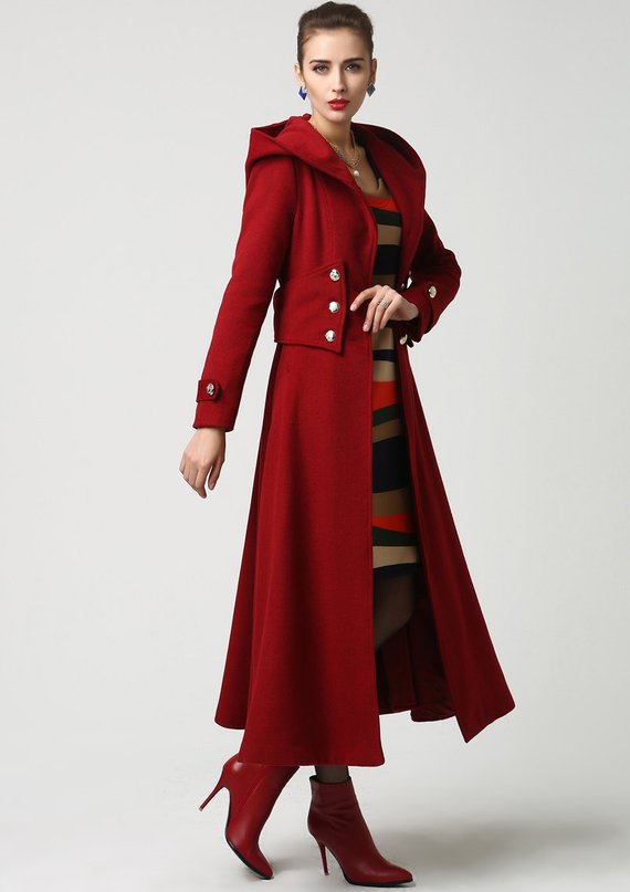 Wool coat with hood wool coat red coat winter Coat | Etsy