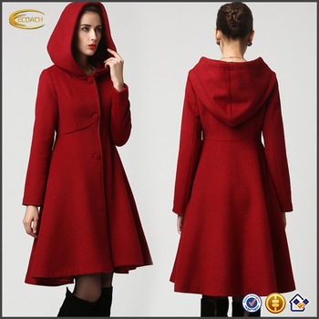 Fashion Women Red Wool Midi Winter Coat Dress With Hood - Buy