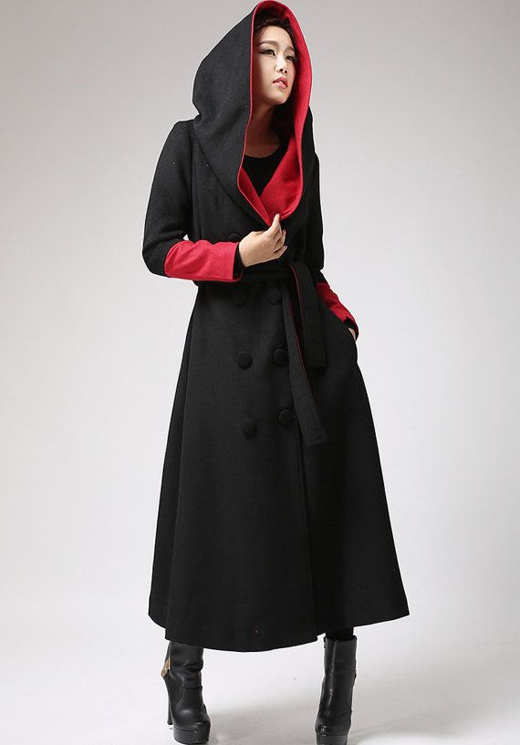 oversized coat, Long wool coat, Black and Red, trench coat, long