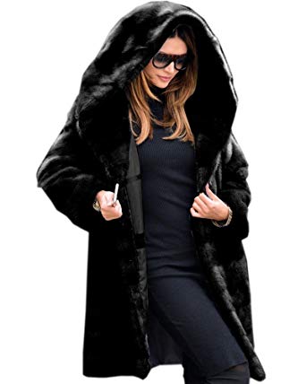 Aox Women Winter Coat Grey Fluffy Faux Fur Hood Warm Thicken Casual