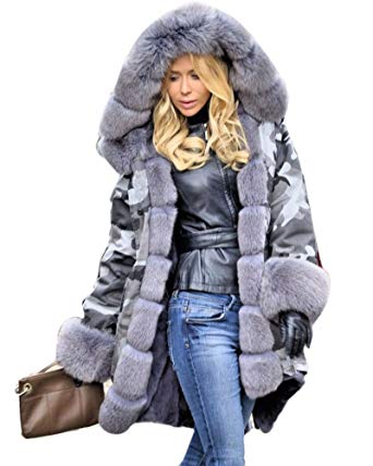 Roiii Plus Size Womens Military Hooded Warm Winter Coats Faux Fur
