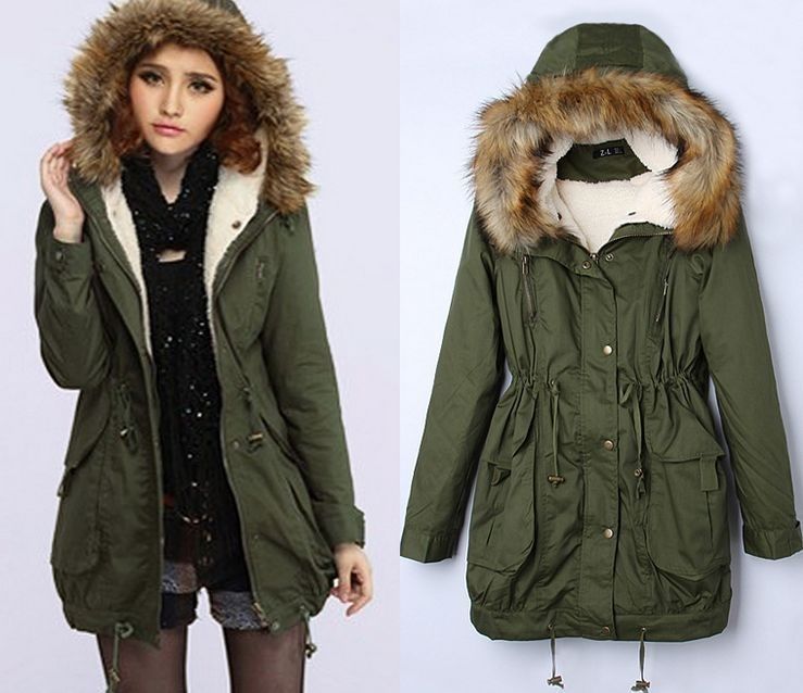 Women's Thick Military Jacket Faux Fur Hood Long Winter Coat Lining