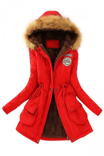 Womens Faux Fur Hooded Drawstring Thick Lined Parka Coat Red - PINK