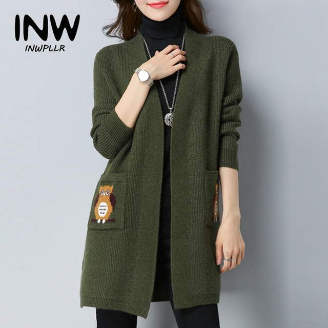 2019 Winter Coats Female Cardigan Jackets Owl Embroidery Knitted