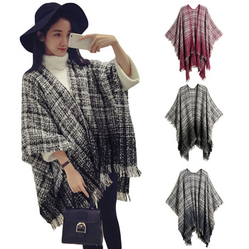 Women Winter Knitted Poncho Cape Top Tassel Plaid Sweater Scarf Coat