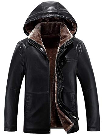 Tanming Men's Winter Warm PU Leather Coat Real Fur Hooded Faux