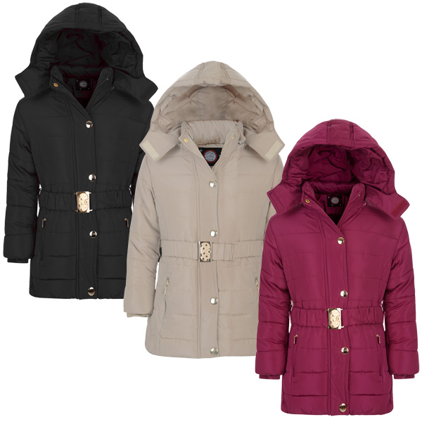 Girls Long Belted Winter Quilted Jacket Kids Detach Hood Padded Zip