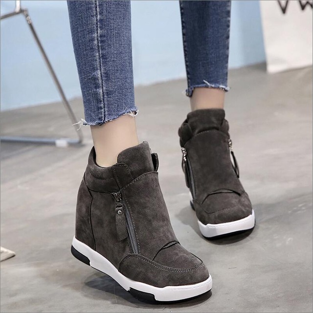 2018 Woman Ankle Boots Height Increasing Outdoor Sneakers Zip Winter