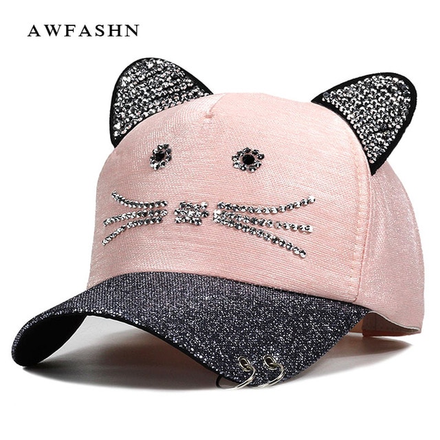 Women's Caps Flashing Rhinestone Baseball Cap With Cute Cat Ears