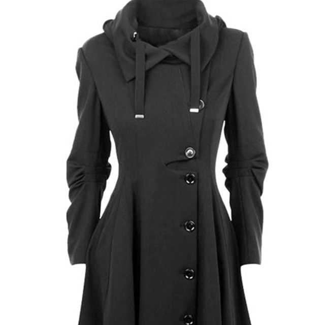 2019 Fashion Long Medieval Trench Woolen Coat Women Winter Black