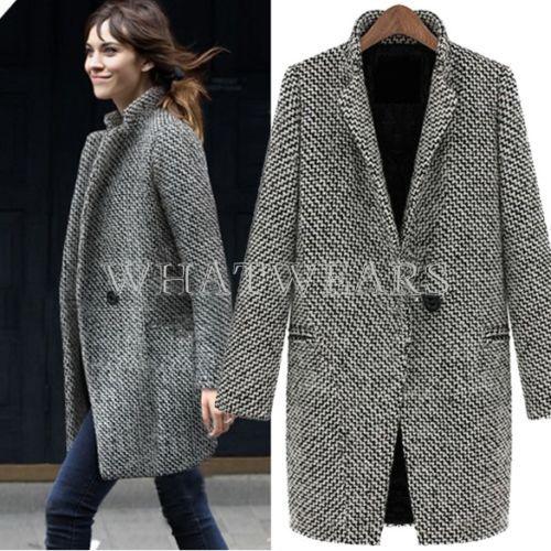 2019 Fashion Womens Wool Coats One Button Big Lapel Wool Blend Long