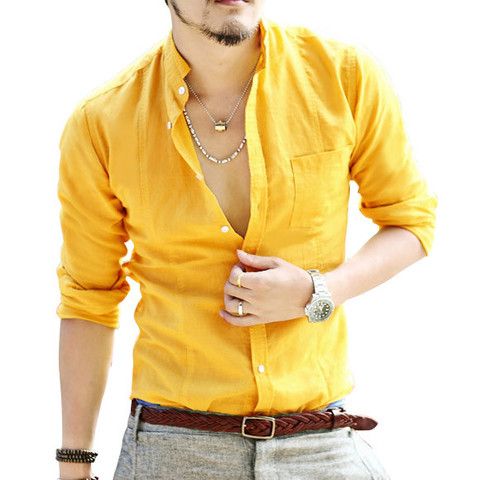 Spring small collar linen shirt for men and boys #yellow #mens
