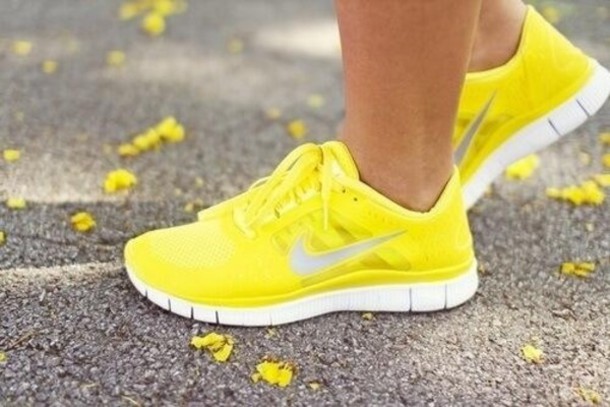 shoes, yellow, nike shoes, nike, nike free run, trainers, running