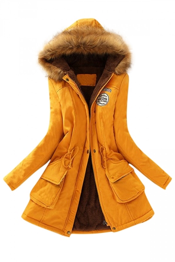 Womens Faux Fur Hooded Drawstring Thick Lined Parka Coat Yellow